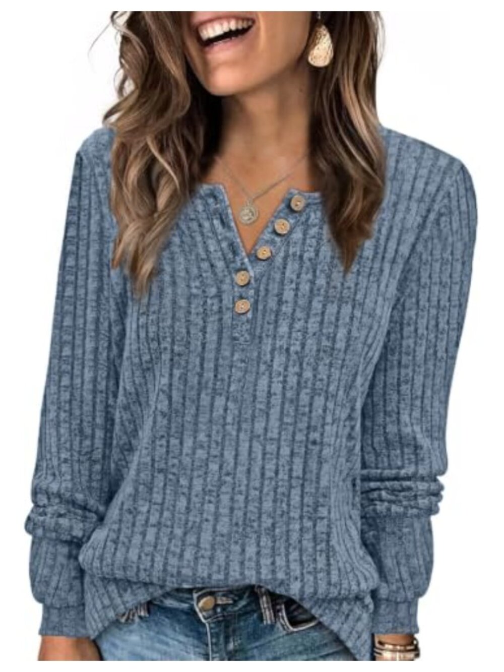 Womens Button Front Henley Tunic Sweater Lightweight Long Sleeve